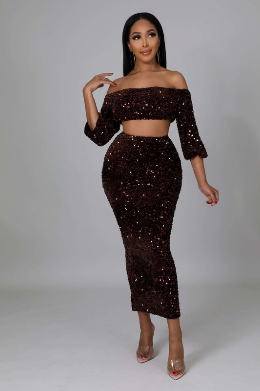 Sequin Matching Crop Top Midi High Waisted Skirt Set - Brown