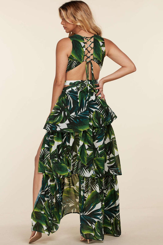 Tropical Leaf Open Front Maxi Dress