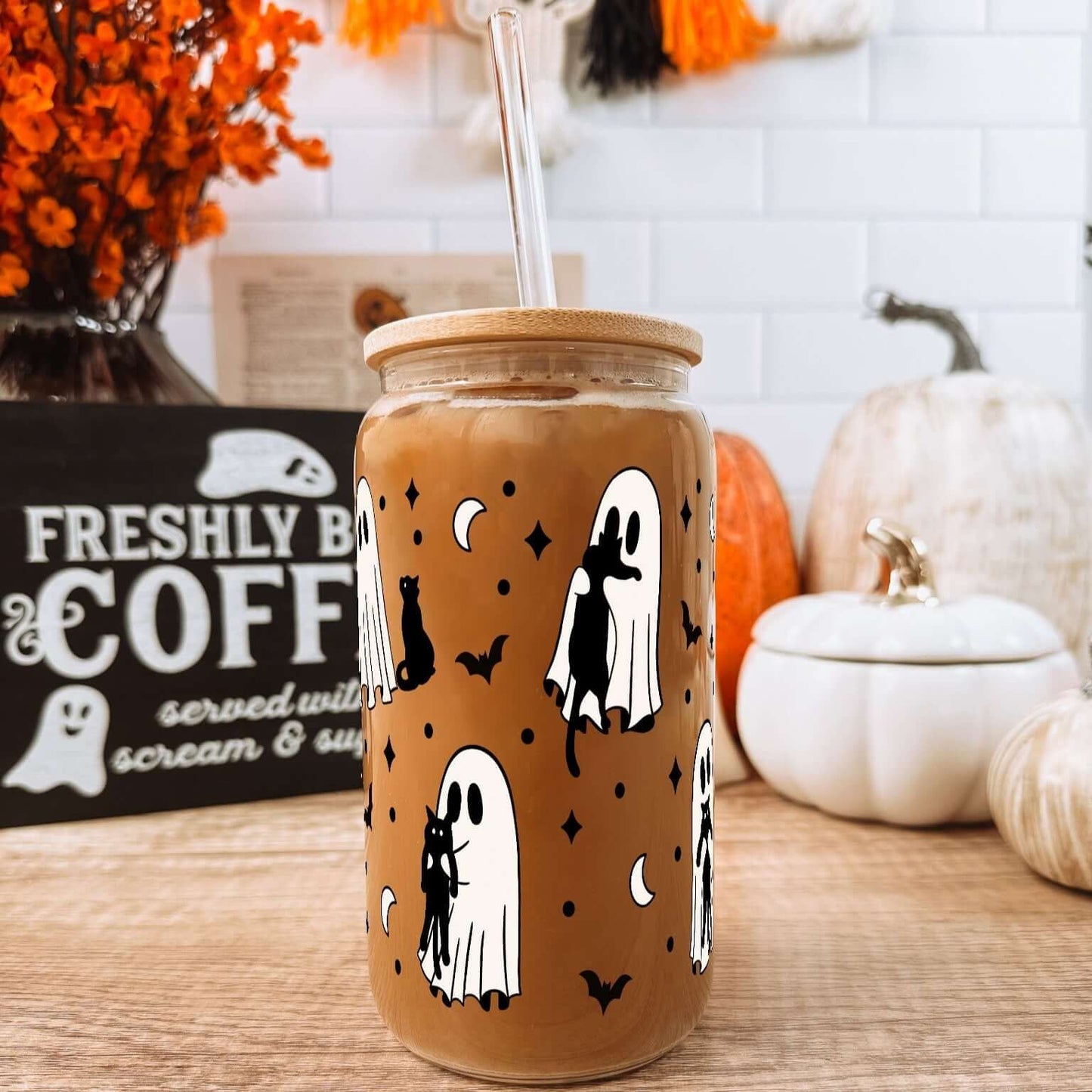 Ghosts Holding Cats Cup With Lid and Straw