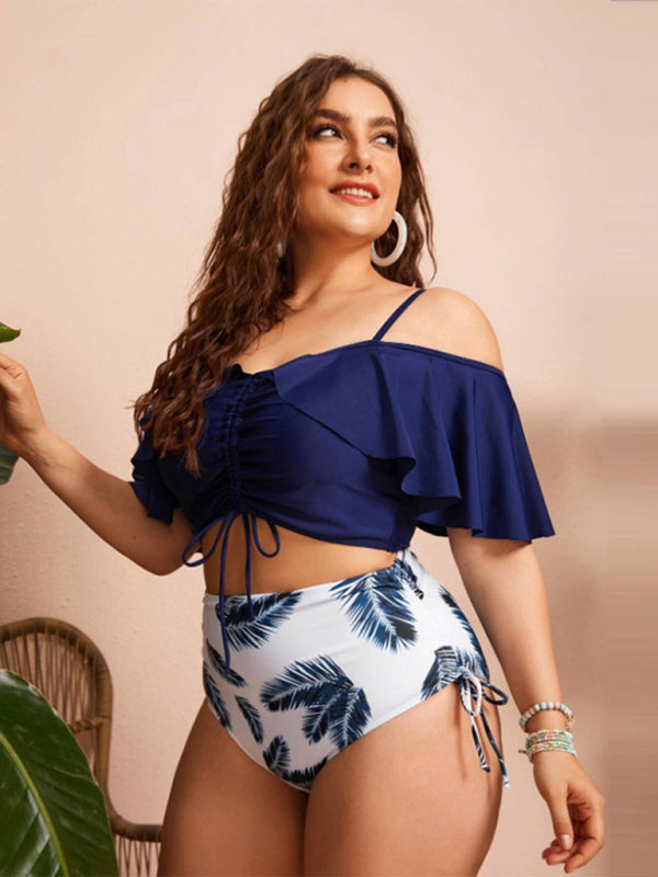 Women-Drawstring Ruffle Bikini One Shoulder Strap High Waist Swimsuit Set