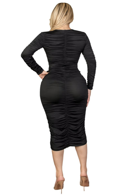 Jackie Midi Dress - Ruched Long Sleeve Design, Flattering Fit for Every Occasion