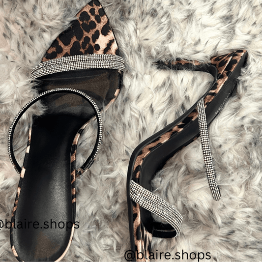Leopardesse Leopard Print Pointy Toe Stiletto Rhinestone Slides