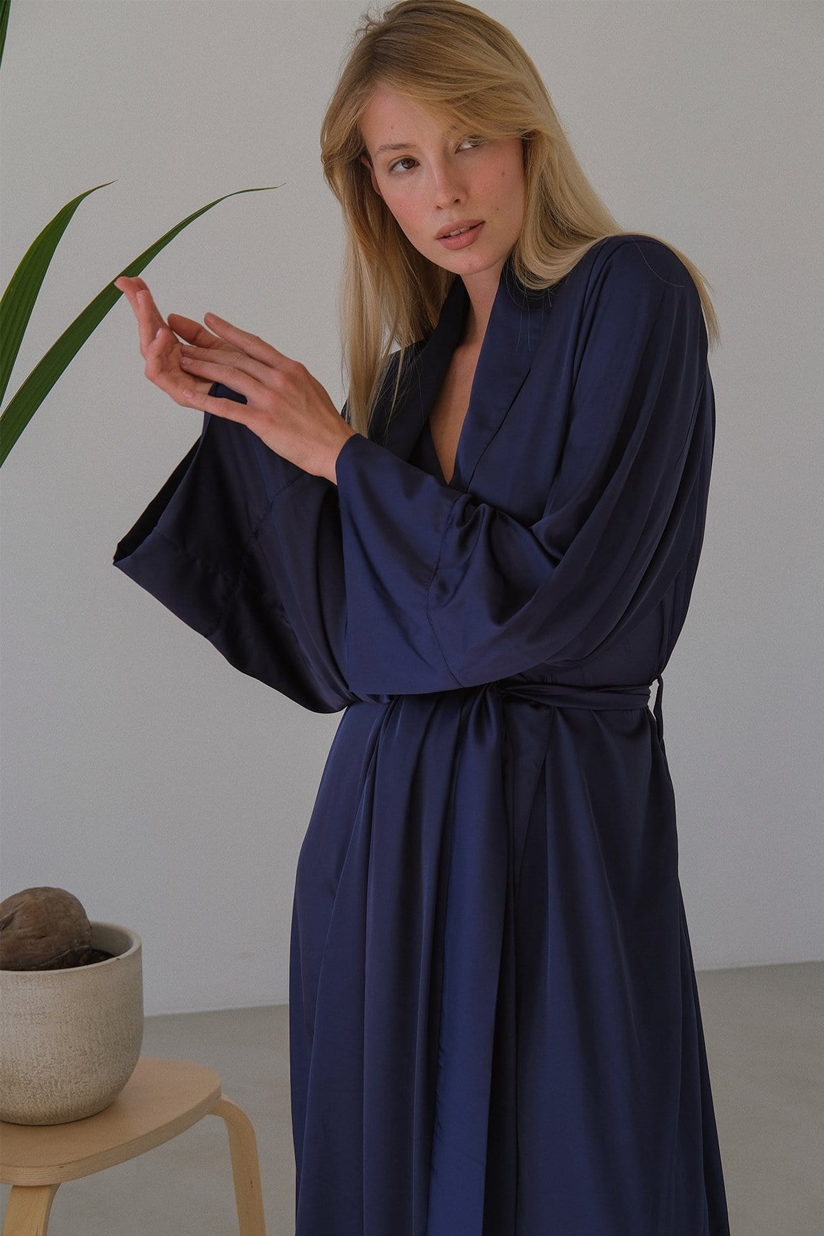 Lora Long silky robe with shawl collar