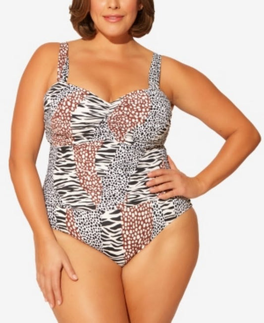 Bleu by Rod Beattie Animal-Print Shirred Underwire Swimsuit, Size 16W