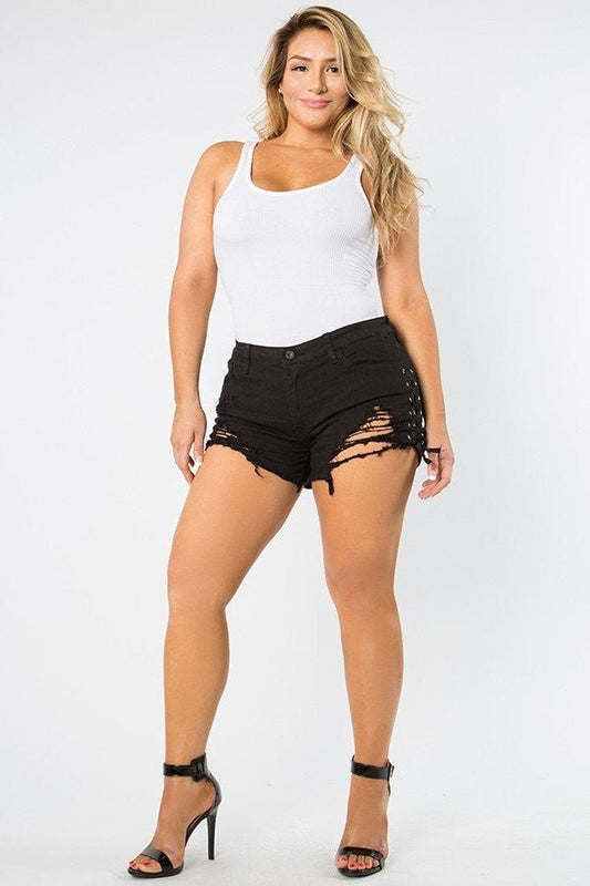 Paula -mid Rise Out Seam Lace Up Black Shorts