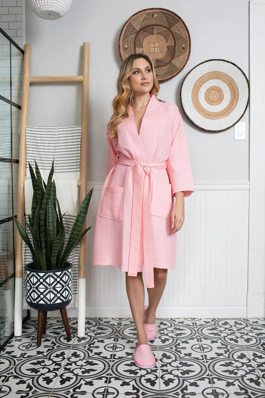 Knee-Length Waffle Kimono Robe