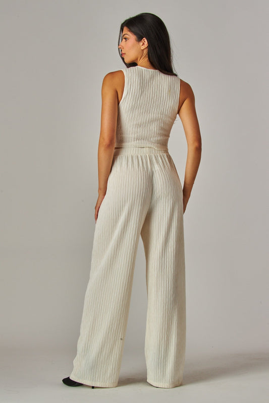 Plissé Waistcoat Top & Wide-Leg Pant Set – Chic Brunch, Work & Travel Outfit