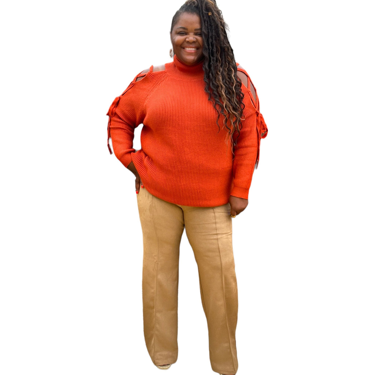 Rust Turtles Neck Cutout Long Sleeve Sweater