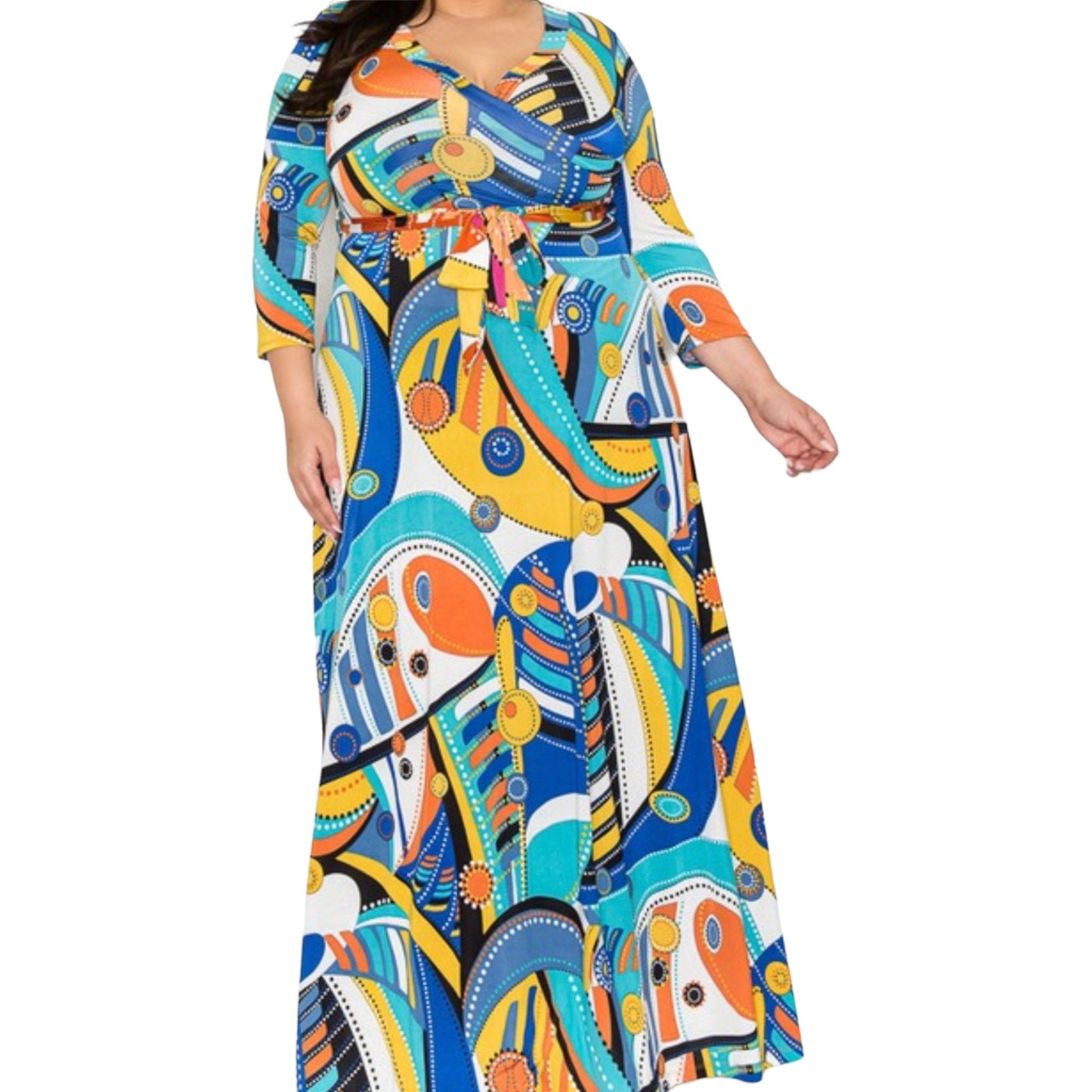 Vibrant Geometric Faux Wrap Maxi Dress