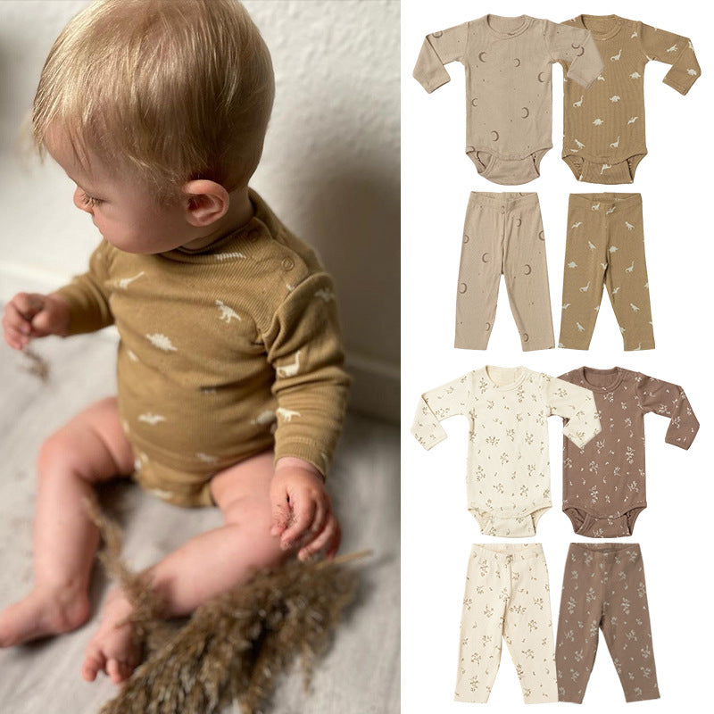 Cartoon & Floral Pattern Long Sleeve Onesies With Pants Sets
