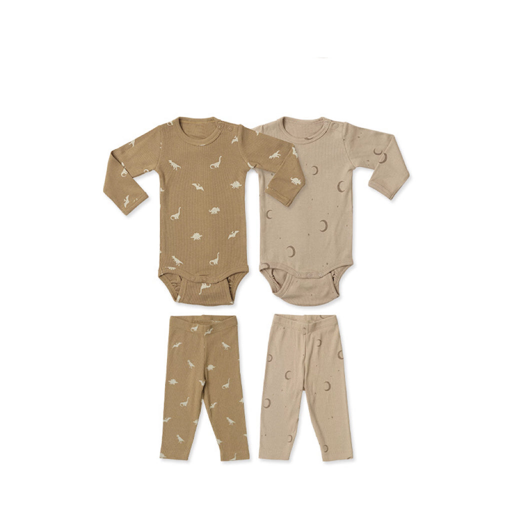 Cartoon & Floral Pattern Long Sleeve Onesies With Pants Sets