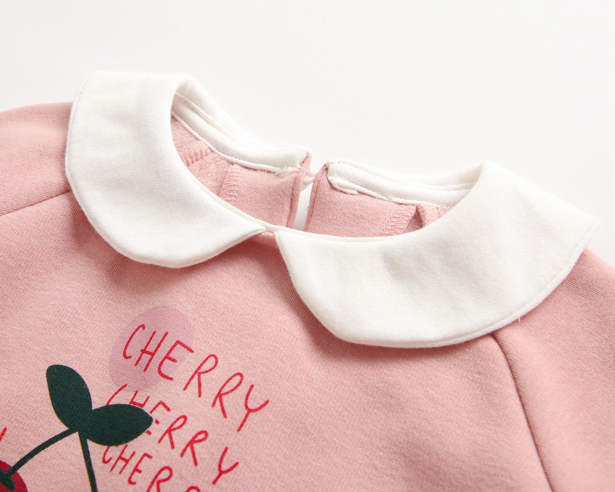 1pcs Cherry & Slogan Pattern Doll Neck Longsleeve Onesies