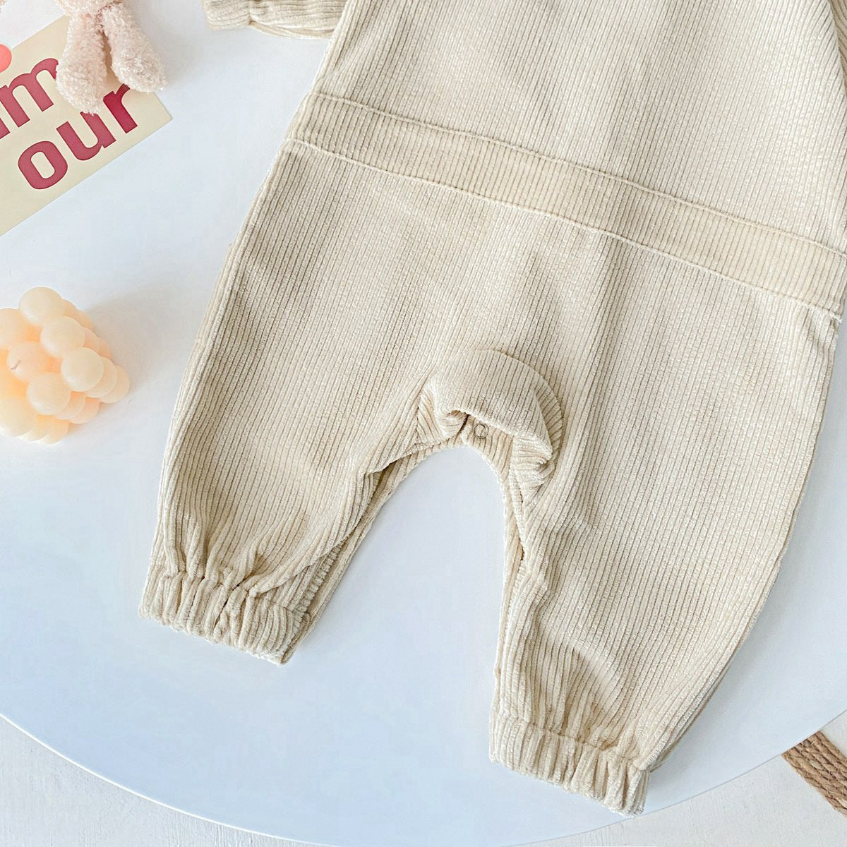 3D Cartoon Bear Patched Design Corduroy Fabric Button Front Romper