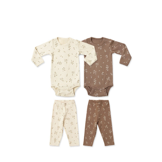 Cartoon & Floral Pattern Long Sleeve Onesies With Pants Sets