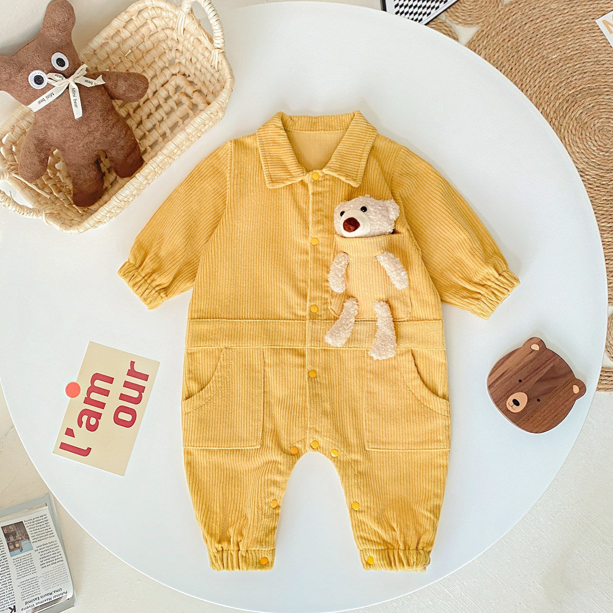 3D Cartoon Bear Patched Design Corduroy Fabric Button Front Romper