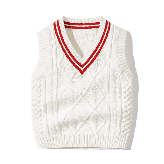 Crochet Knitting Pattern Striped V-Neck Design College Style Sleeveless Vest Sweater