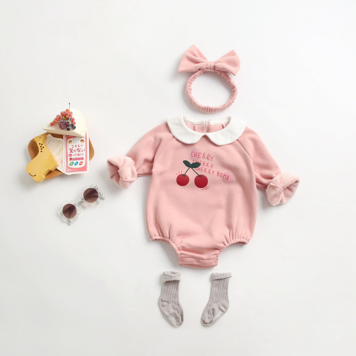 1pcs Cherry & Slogan Pattern Doll Neck Longsleeve Onesies