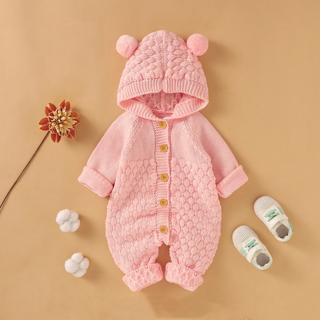 1pcs Cable Knitted Graphic Button Front Design Rompers With Hairball Patched Hat