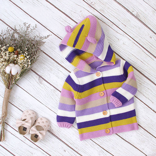 Colorful Striped Pattern Button Front Knitted Cardigan With Hat