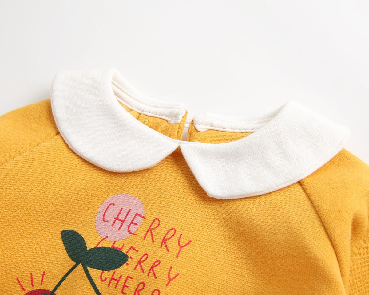 1pcs Cherry & Slogan Pattern Doll Neck Longsleeve Onesies