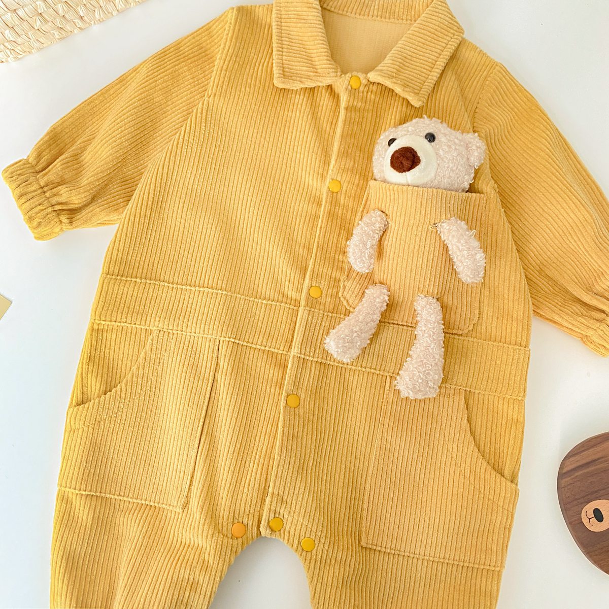 3D Cartoon Bear Patched Design Corduroy Fabric Button Front Romper