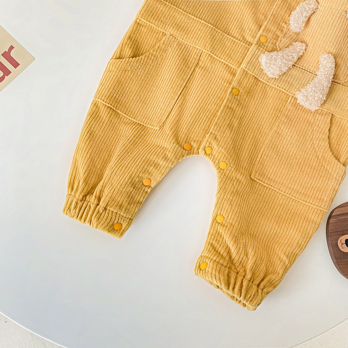 3D Cartoon Bear Patched Design Corduroy Fabric Button Front Romper
