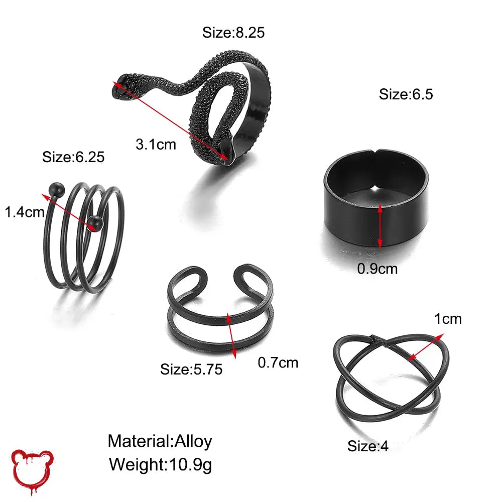 Punk Serpent Black Ring Set