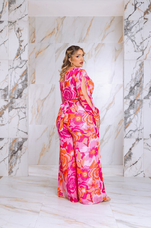 Floral Print Jumpsuit with Long Bishop Split Sleeves - Pink