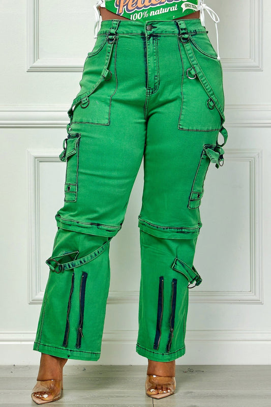 Oh So Crafty Utility Cargo Denim Pants - Green