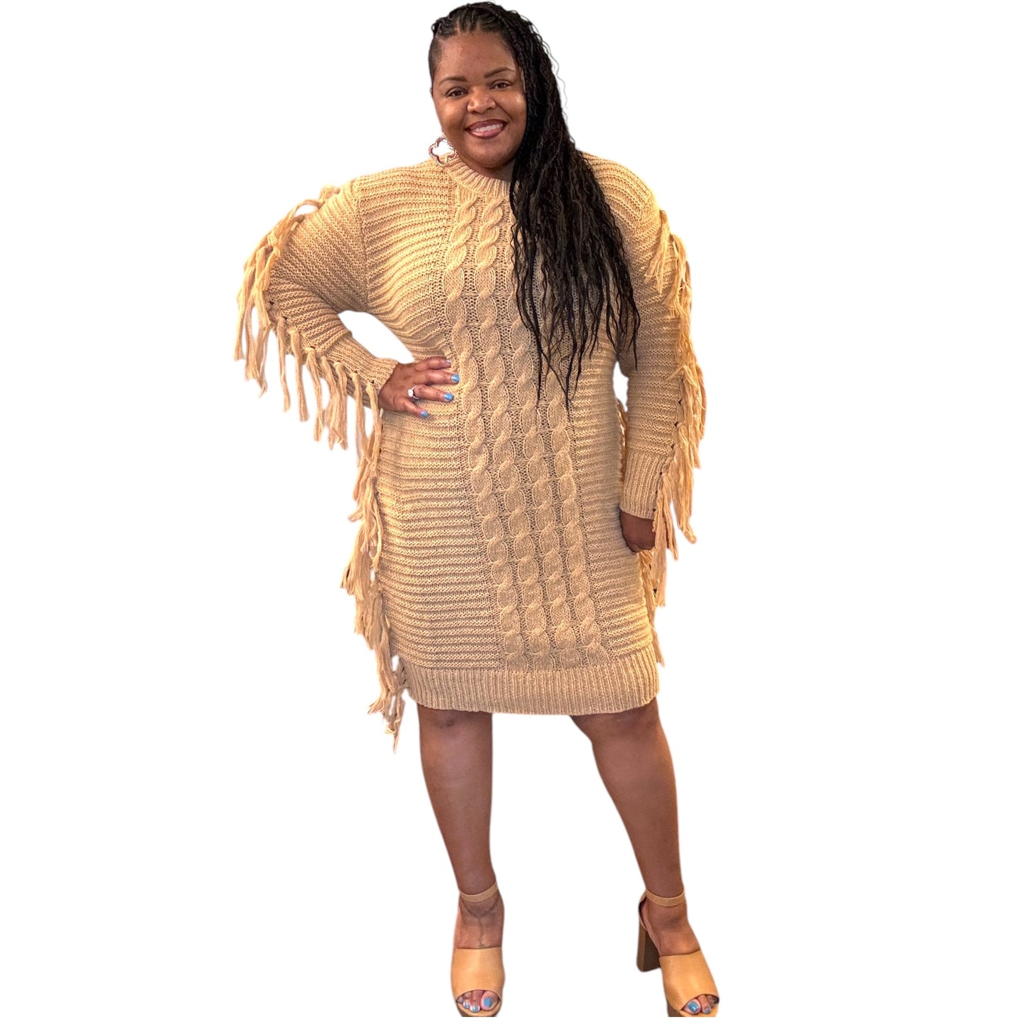 Perfect Camel Fringe Sweater Dress
