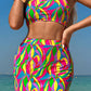 Multicolour Abstract Print Textured Spaghetti Strap High Waist Bikini Set