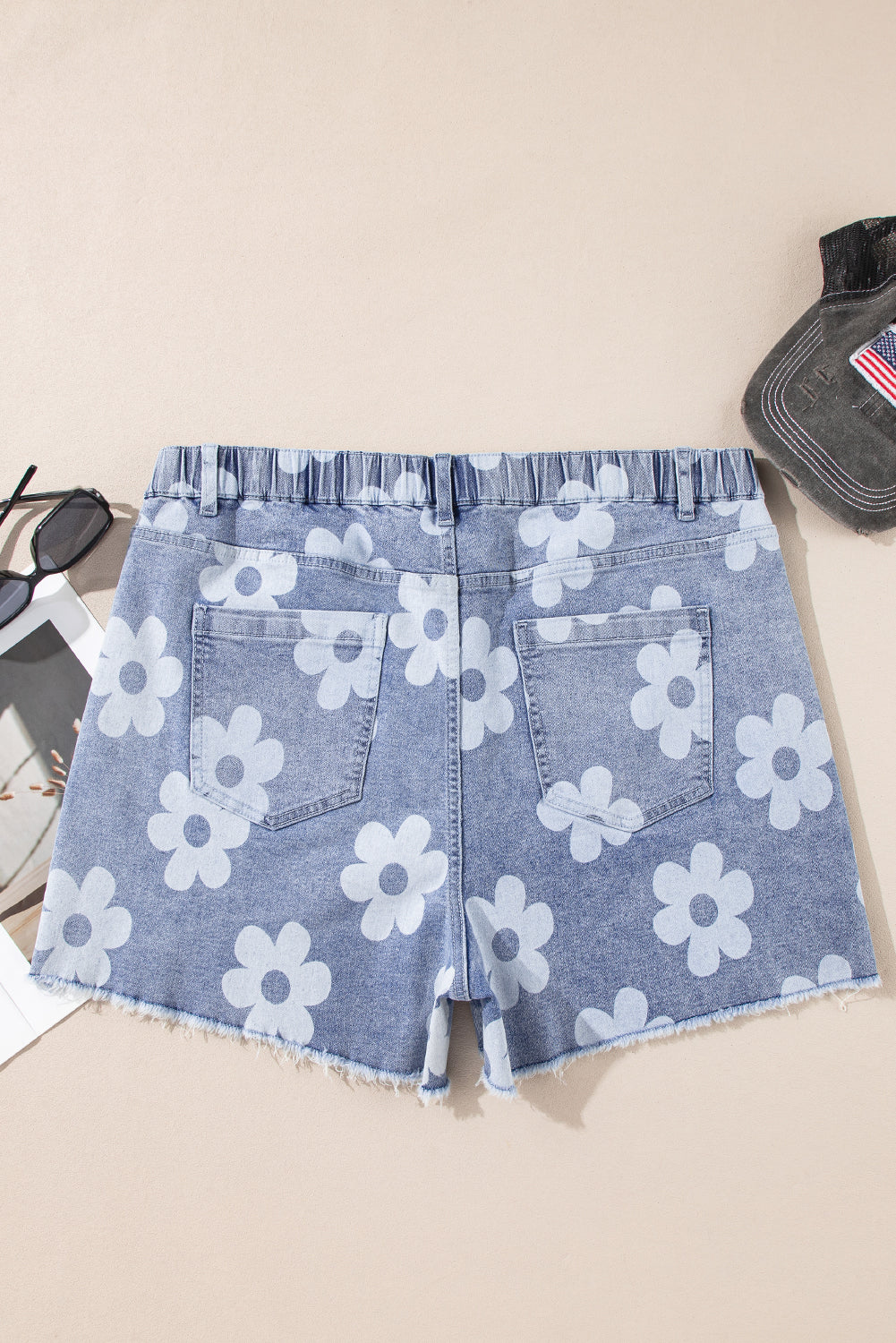 Ashleigh Blue Floral Pattern High Waist Raw Hem Denim Shorts