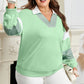 Moonlight Jade Color Block Striped Patchwork Collar V Neck Sweatshirt