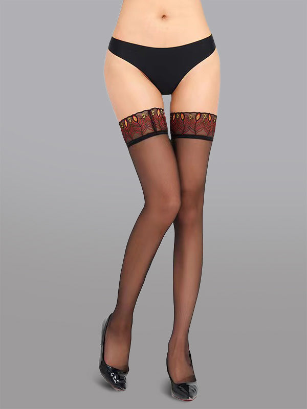 Sexy Peacock Lace Trim Thigh High Stockings