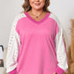 Bonbon Lace Striped Patchwork Long Sleeve Corded V Neck Top