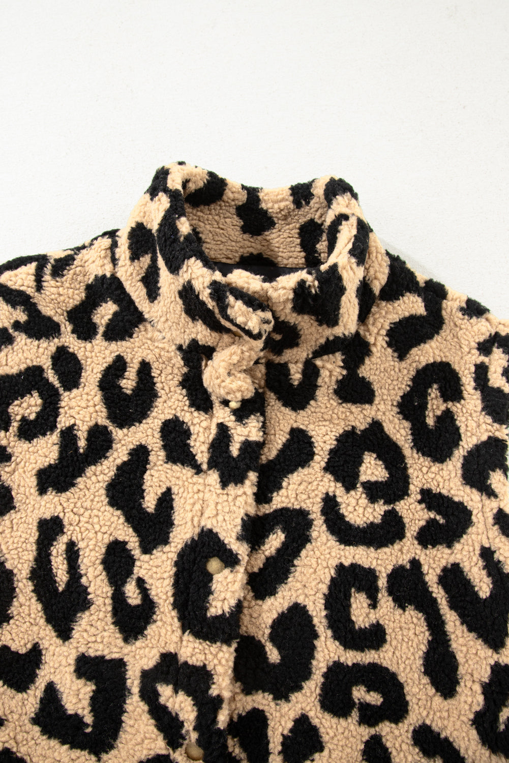 Khaki Leopard Sherpa Button Front Collared Vest Jacket