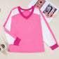 Bonbon Lace Striped Patchwork Long Sleeve Corded V Neck Top