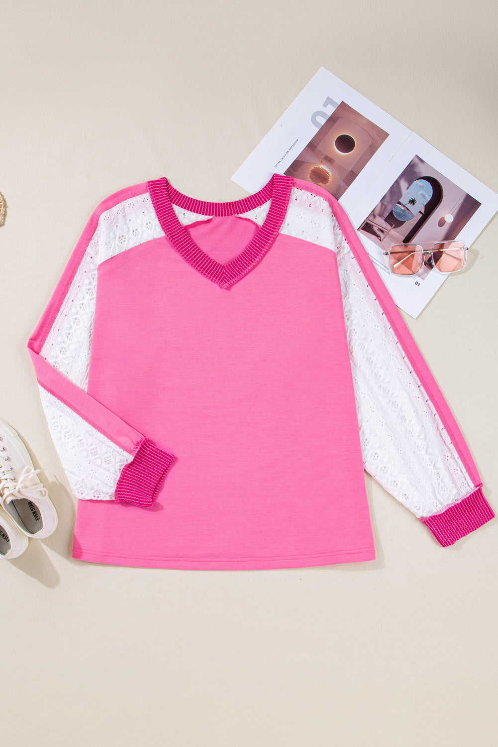 Bonbon Lace Striped Patchwork Long Sleeve Corded V Neck Top
