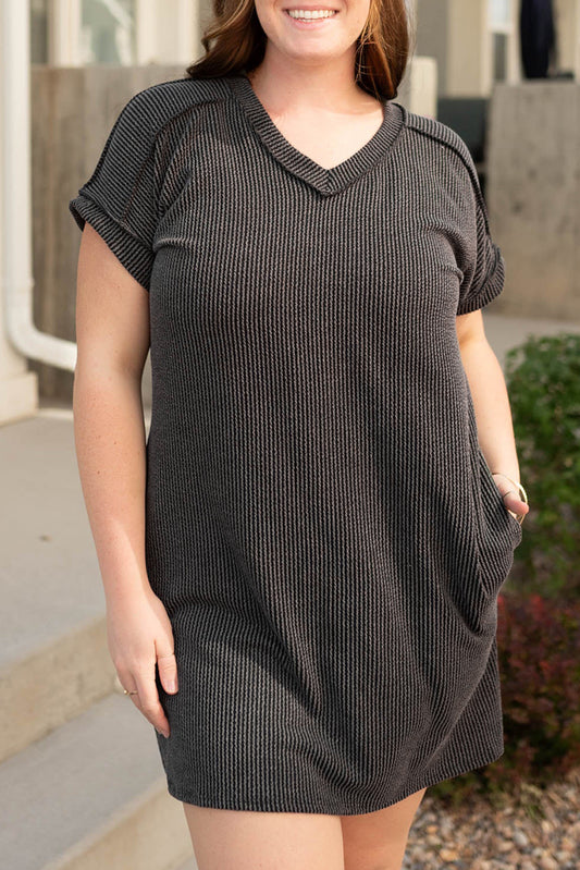 Carbon Grey Corded V Neck T Shirt Dress with Pockets