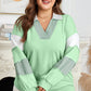 Moonlight Jade Color Block Striped Patchwork Collar V Neck Sweatshirt
