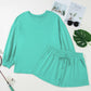 Sea Green Drop Shoulder V Neck Pullover Top and Drawstring Short Set