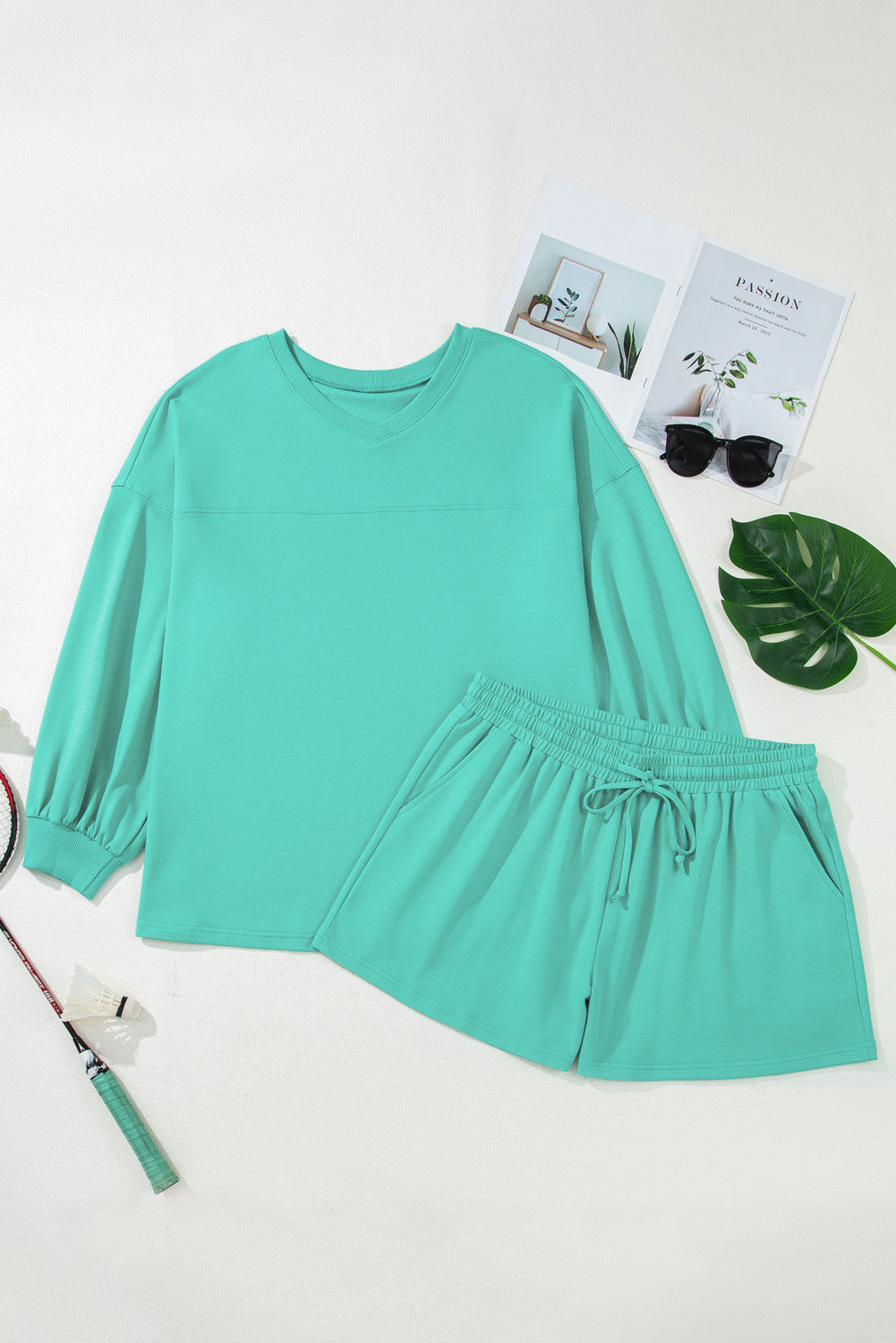 Sea Green Drop Shoulder V Neck Pullover Top and Drawstring Short Set
