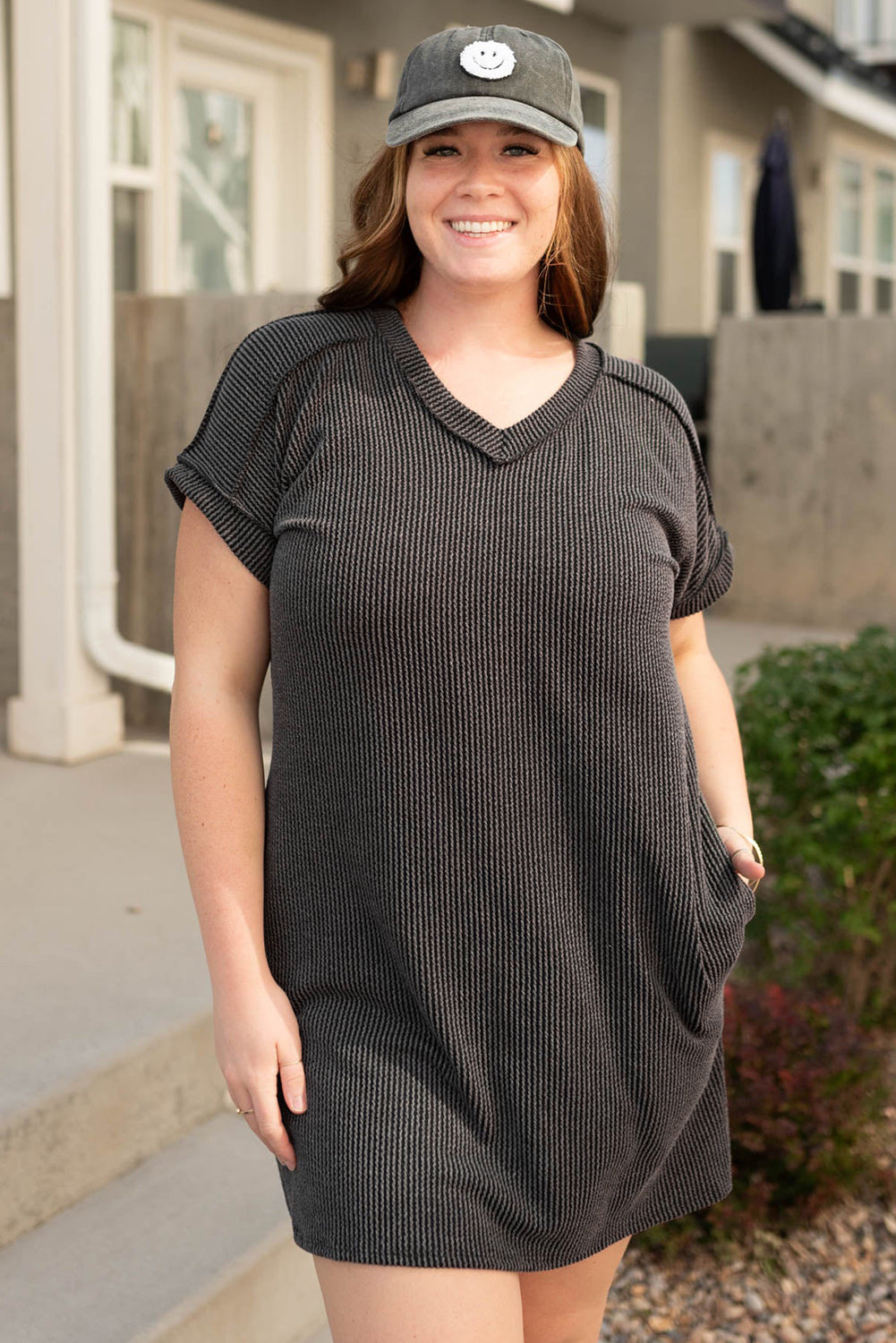 Carbon Grey Corded V Neck T Shirt Dress with Pockets