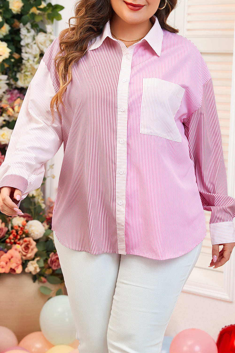 Pink Stripe Print Colorblock Shirt