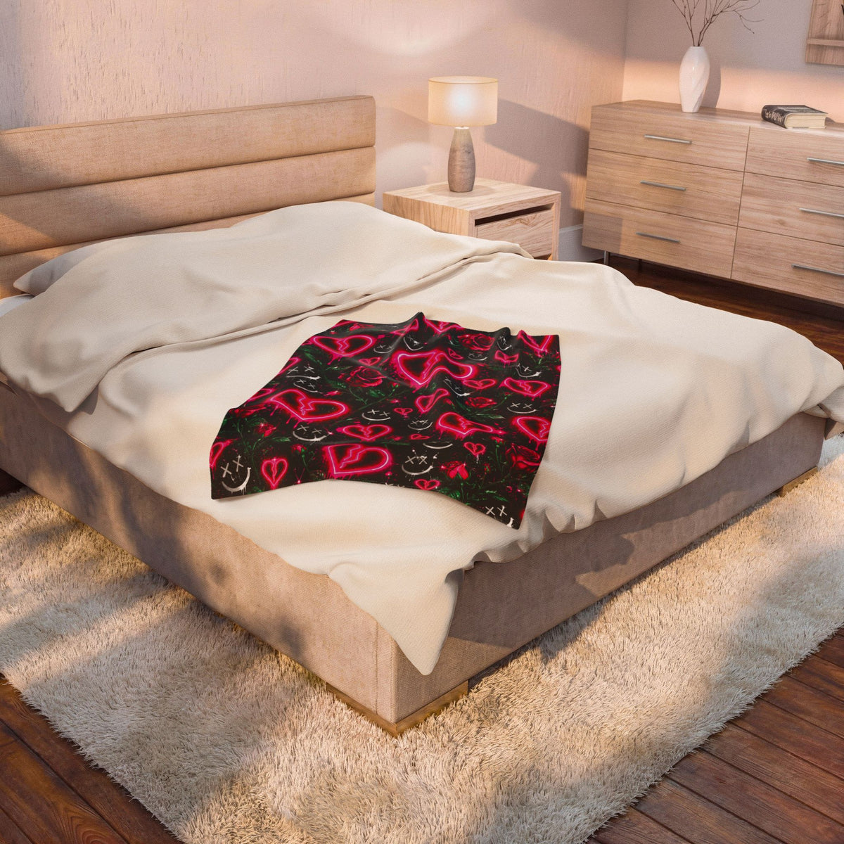 Neon Pink Heart and Rose Velveteen Plush Blanket