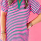 Rose Stripe Collared V Neck Puff Sleeve T Shirt Dress w/ Pockets