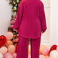 Rose Red Ribbed Long Sleeve Shirt and Pants Pajama Set