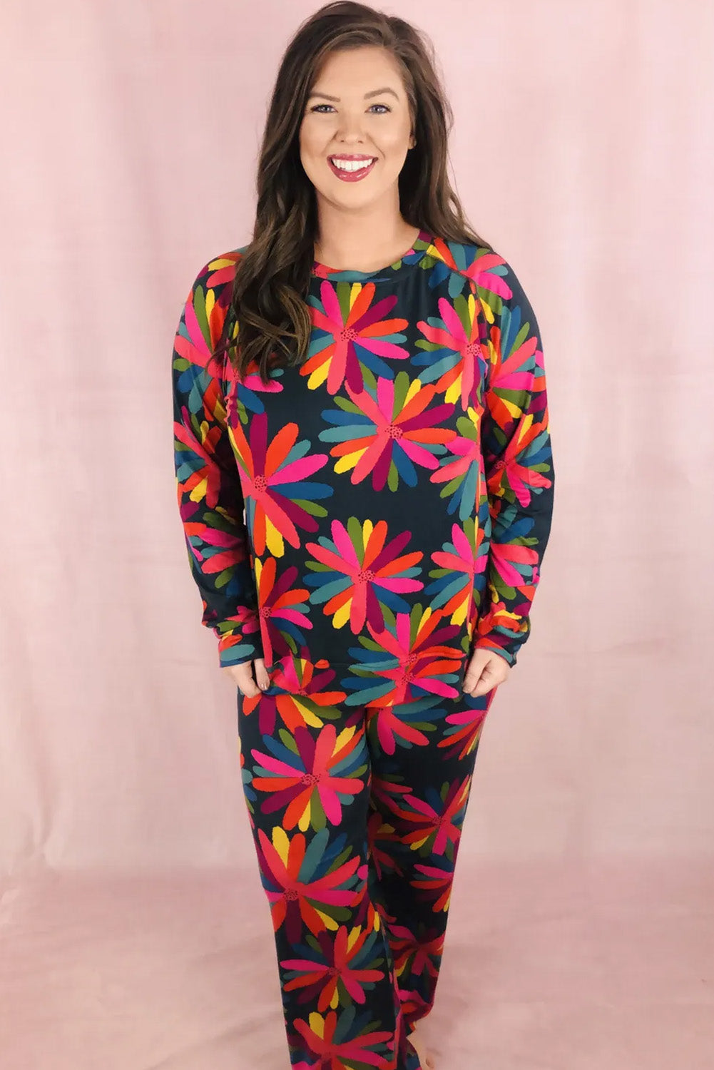 Black Printed Long Sleeve and Pants Lounge Set