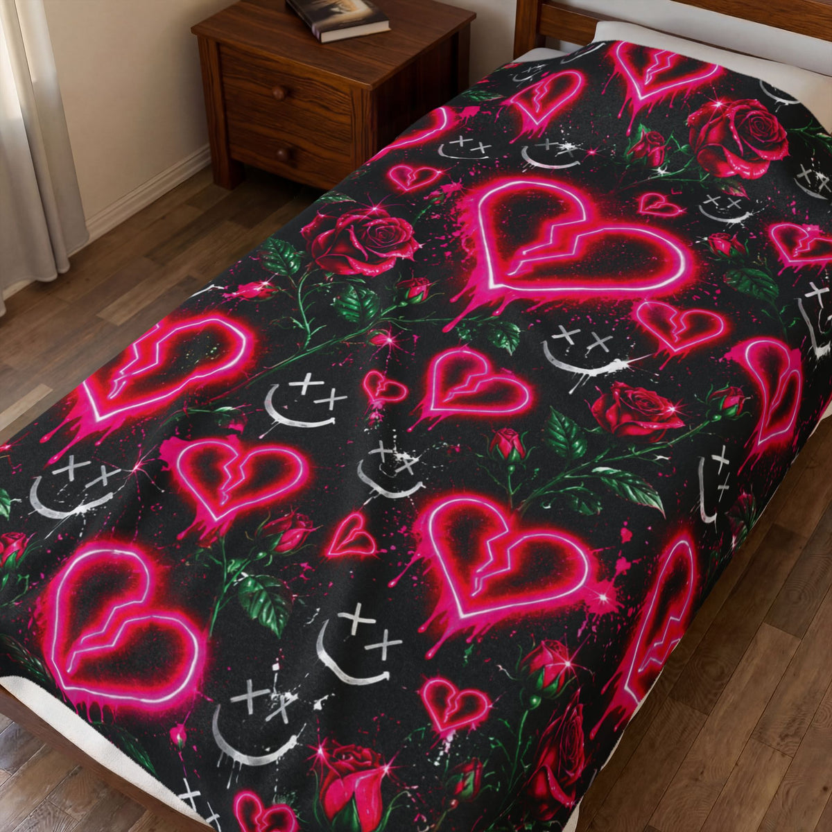 Neon Pink Heart and Rose Velveteen Plush Blanket