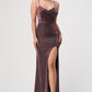 Sparkling knit jacquard side gather spaghetti gown